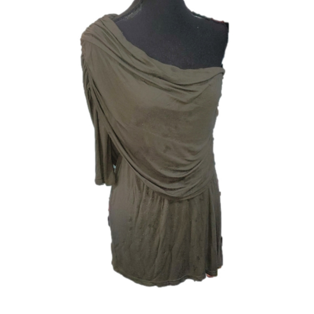 SHARON COUTURE Dark green one sleeve off the shoulder mini dress